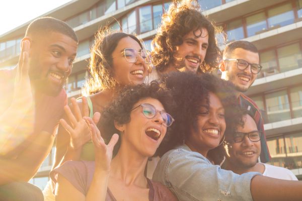 a group of happy people laughing