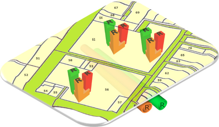 An example 3D model showing potential highrise building envelopes on an urban subdivision