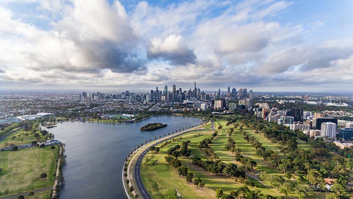Aerial shot of Melbourne, Australia, viewed from above Albert Park Lake