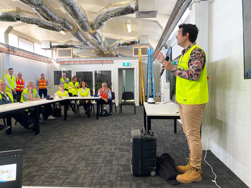 Dr Arash Zamyadi presenting in Mildura at the Lower Murray Water treatment plant to a visiting delegation.