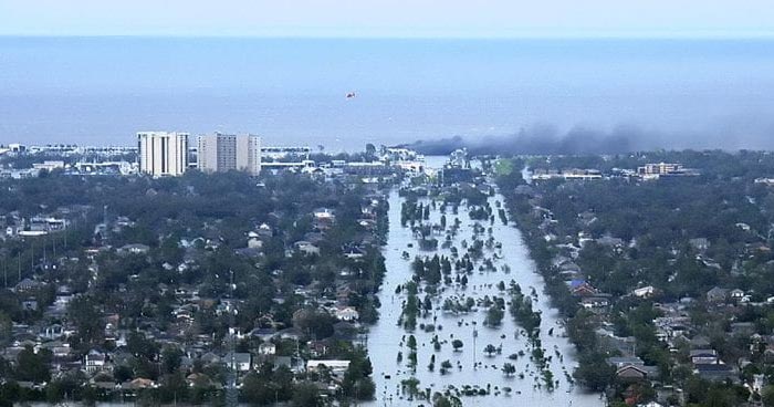 Aerial shot of New Orleans flooded after Hurricane Katrina