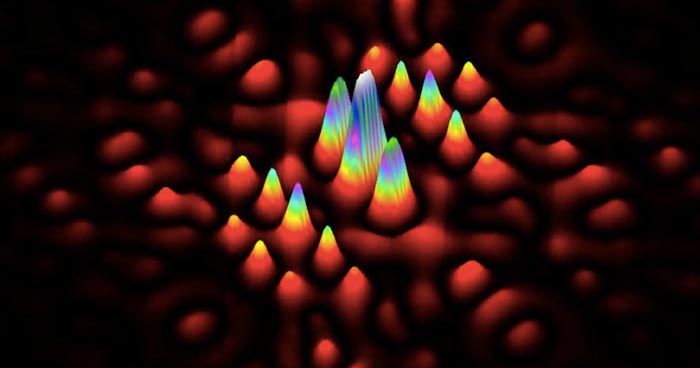 A map of electron wave function patterns, where the symmetry, brightness and size of features is directly related to the position of a phosphorus atom in silicon lattice