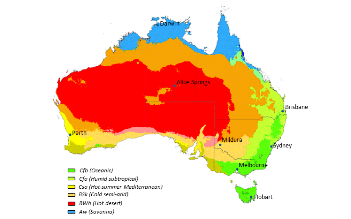 Map of Australia showing climatic zones