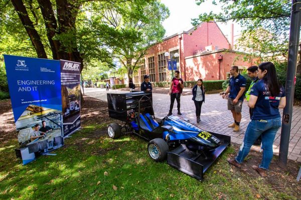 The Melbourne Uni Rover Team and motor sports club have their race car on Masson Road