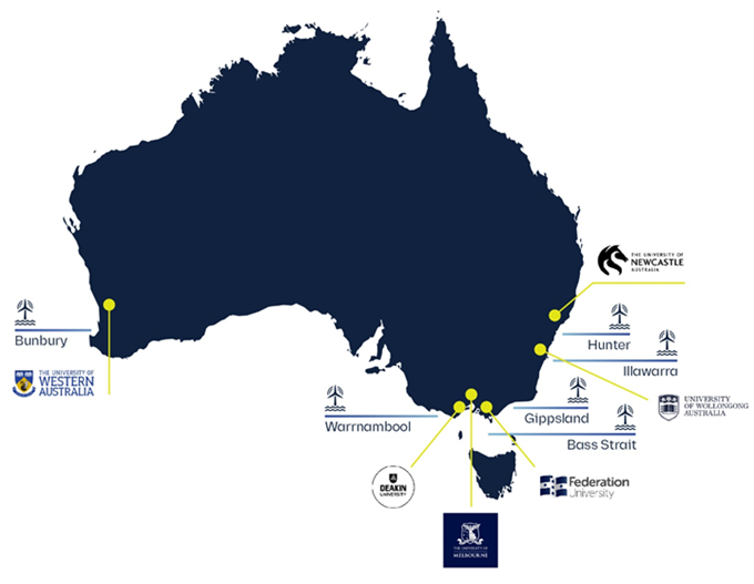 A map of Australia showing the location of ACOWE partners