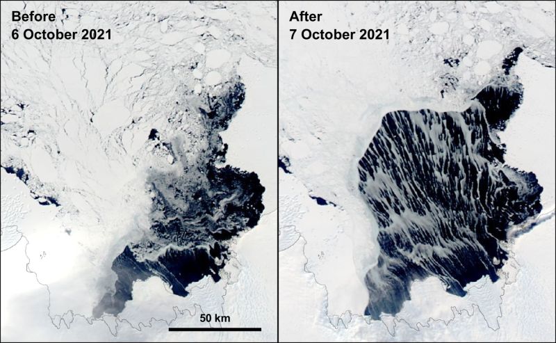 Side-by-side images of reduced ice cover before and after 6 October 2021