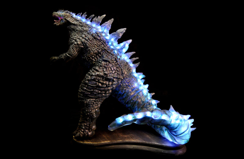A Kaiju figure with LED lights created using a 3D printing technique